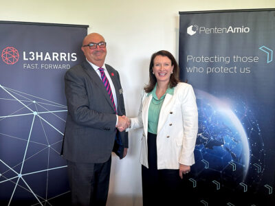 Ian Charles of L3Harris and Sarah Bailey of PentenAmio shaking hands to honour new teaming agreement